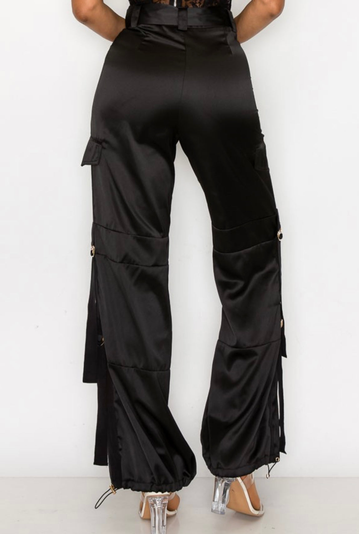 Black Satin Cargo Pants