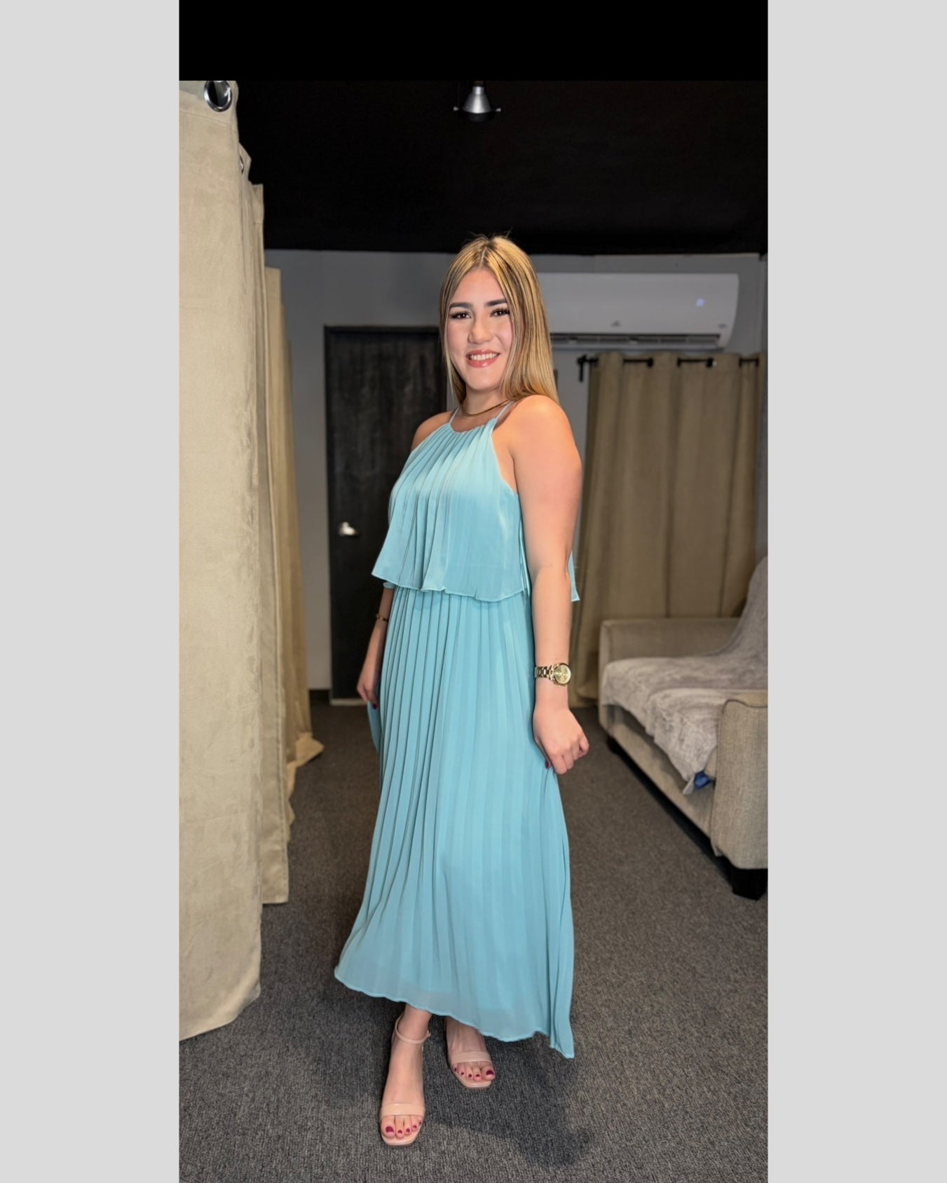 Baby Blue Pleated Midi Dress