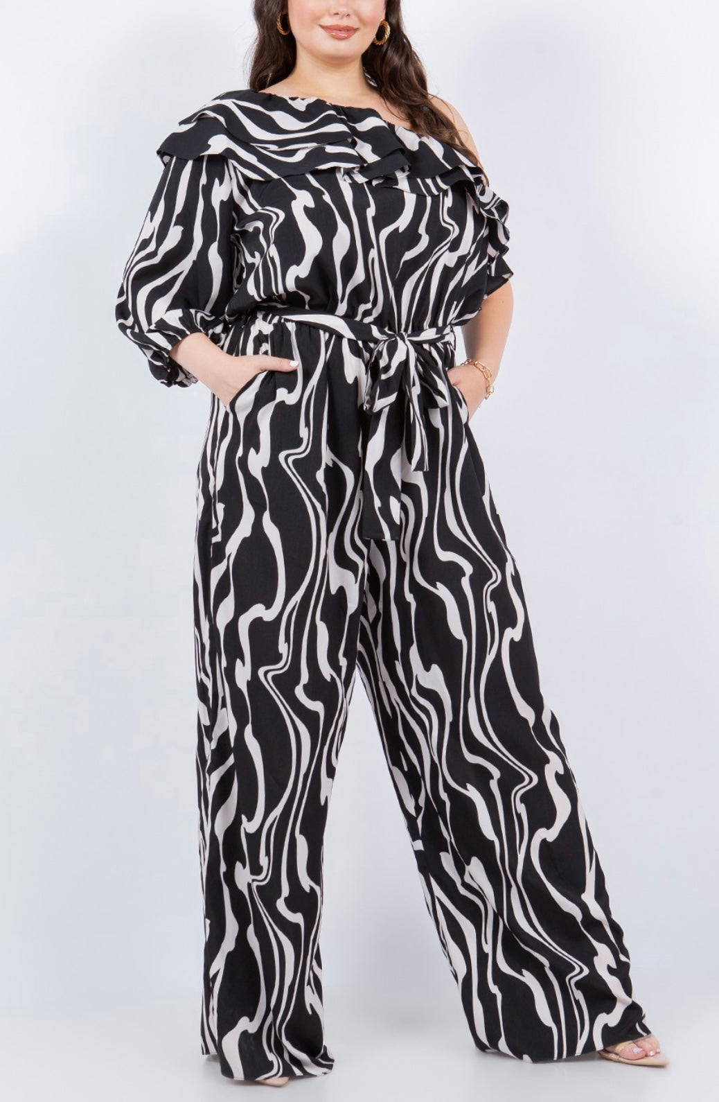Black/Taupe One Shoulder Jumpsuit