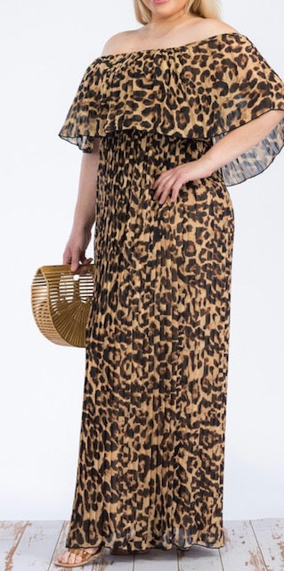 Pleated Leopard Print Maxi Dress
