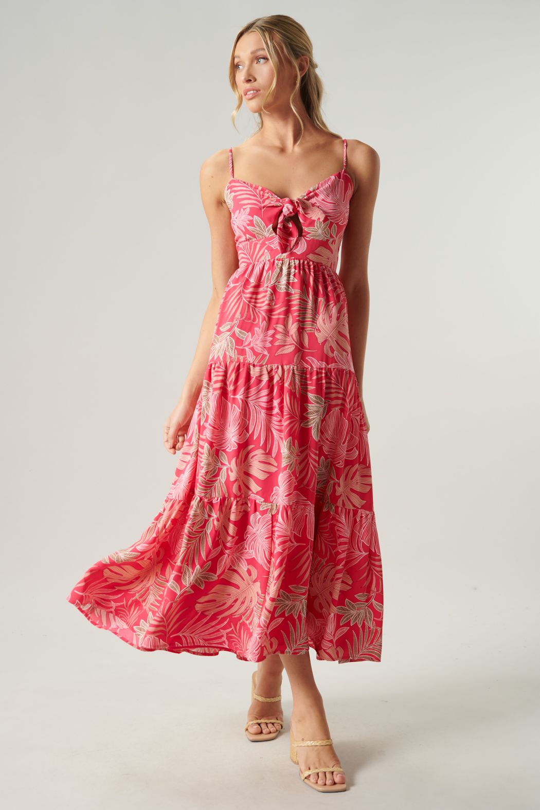 Fushia Tropical Tie Knot Midi Dress