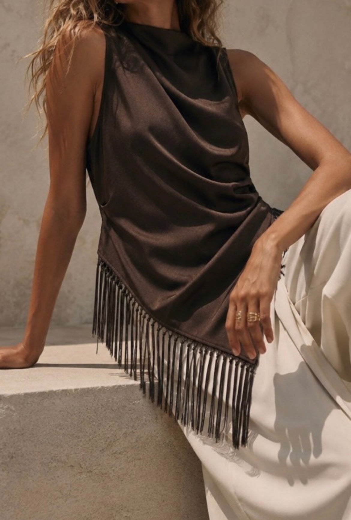 Satin Fringed Tank Top