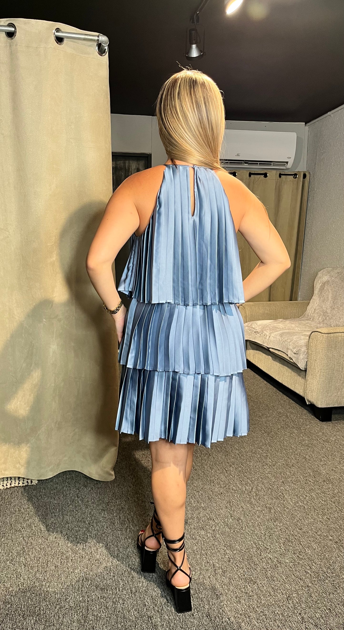 Blue Pleated Satin Dress