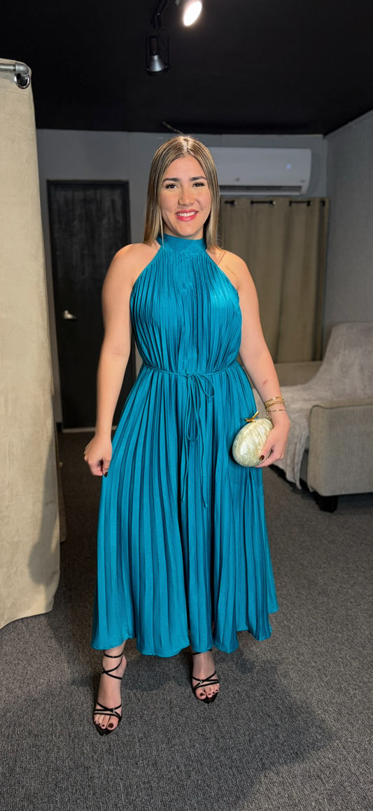 Teal Pleated Midi Dress