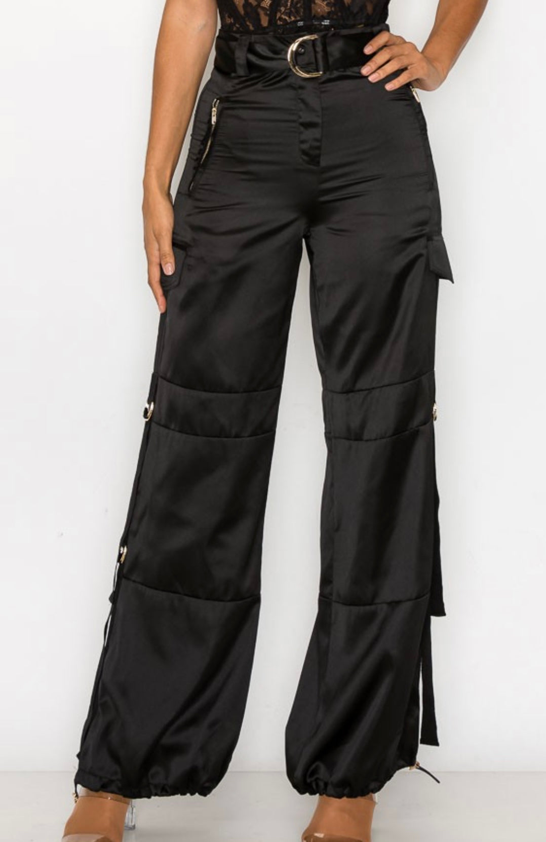 Black Satin Cargo Pants