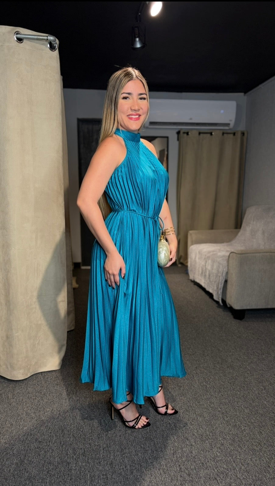 Teal Pleated Midi Dress