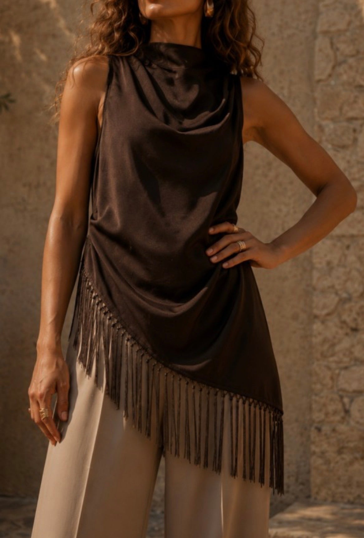 Satin Fringed Tank Top