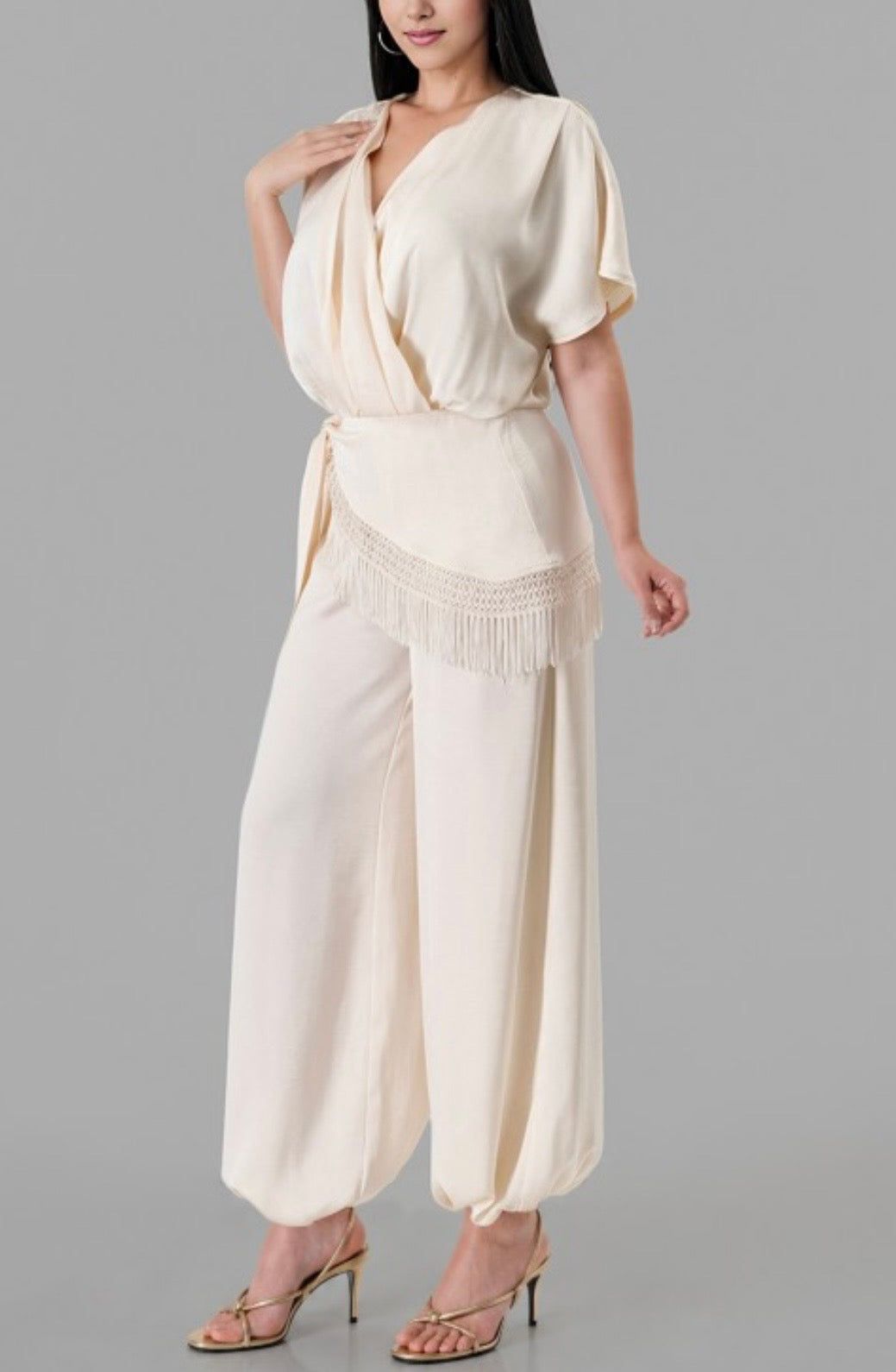 Ivory Fringe Wrap Jumpsuit