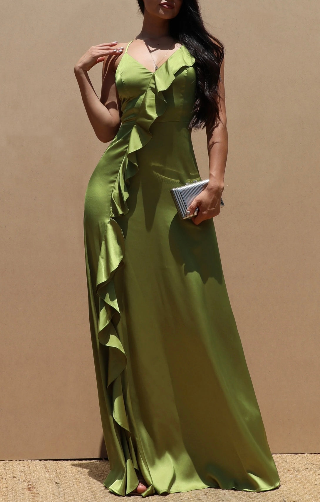 Avocado Satin Maxi Dress