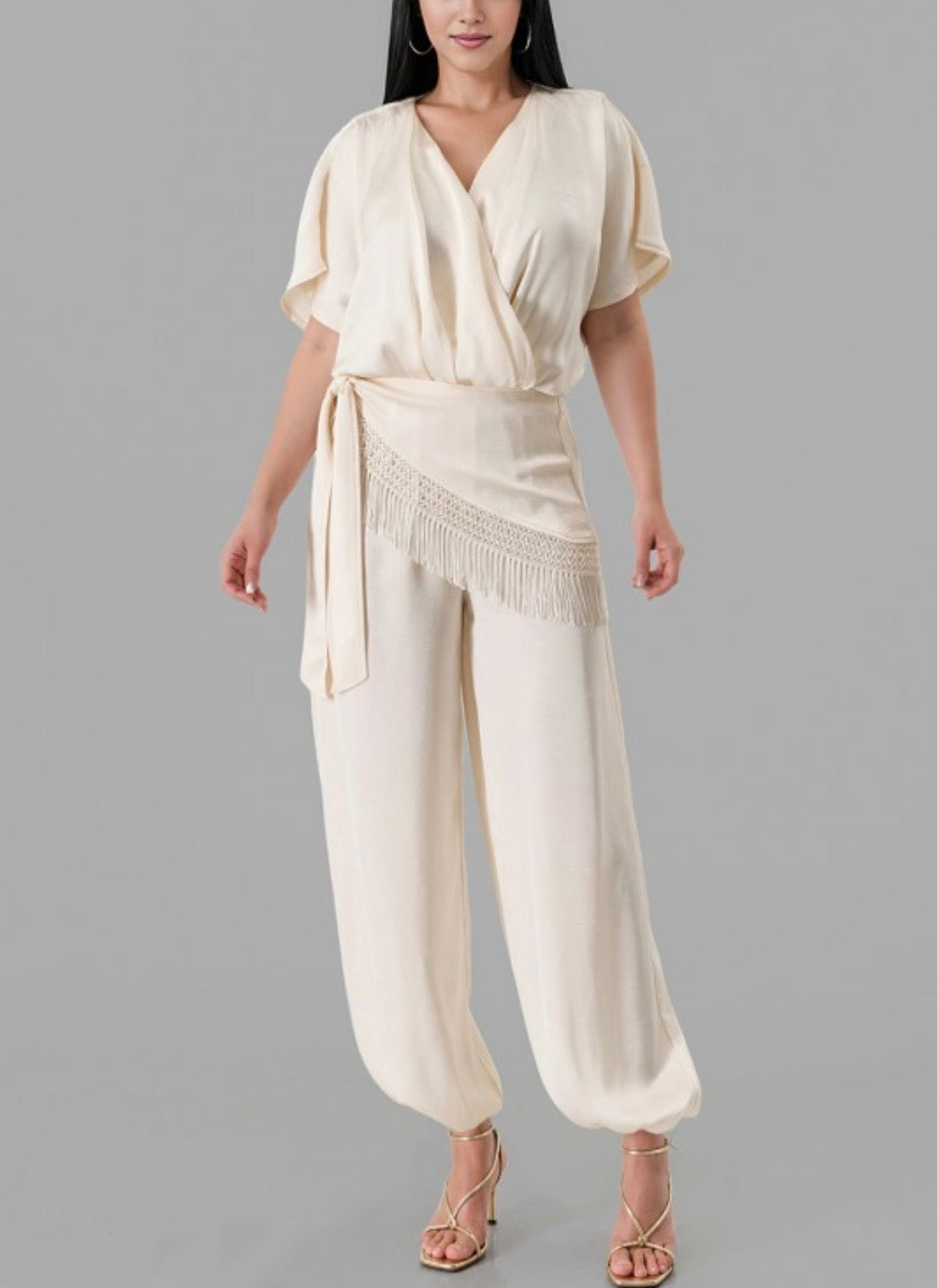 Ivory Fringe Wrap Jumpsuit