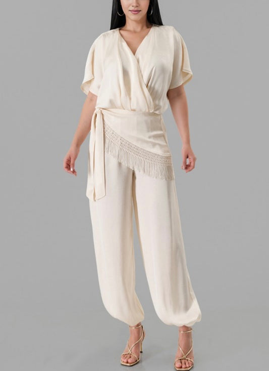Ivory Fringe Wrap Jumpsuit