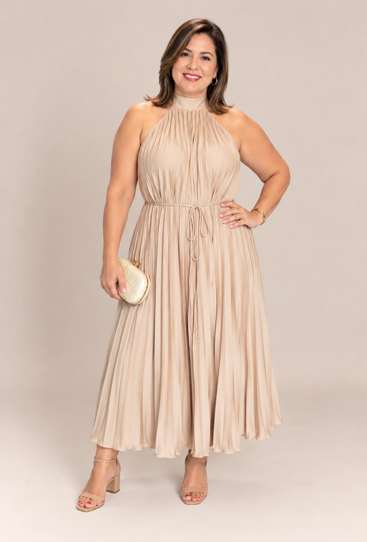 Champagne Pleated Midi Dress