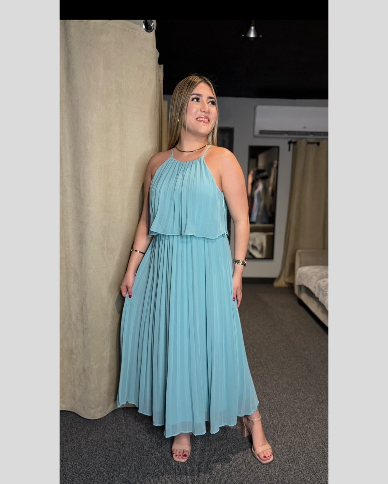 Baby Blue Pleated Midi Dress