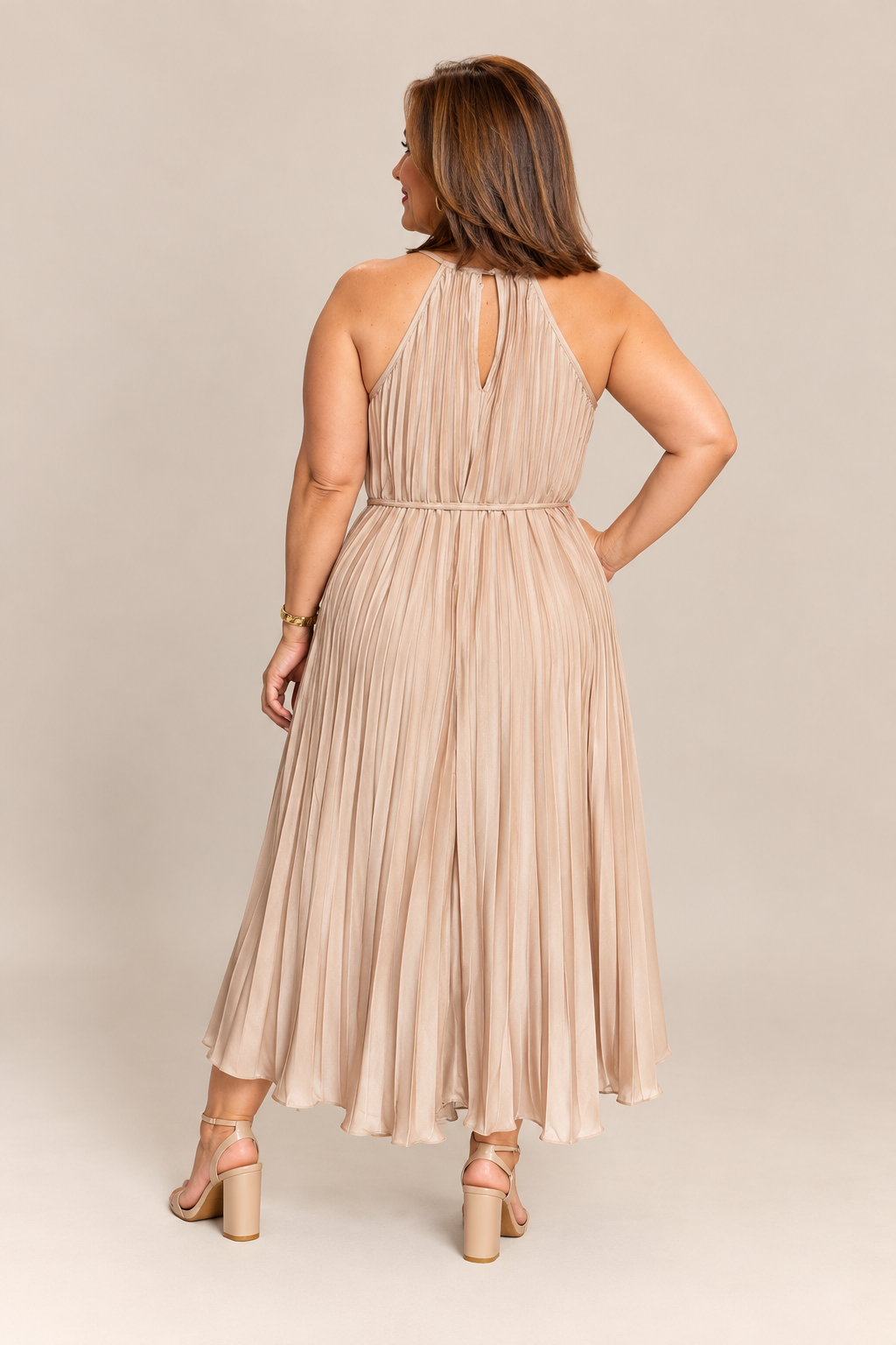 Champagne Pleated Midi Dress