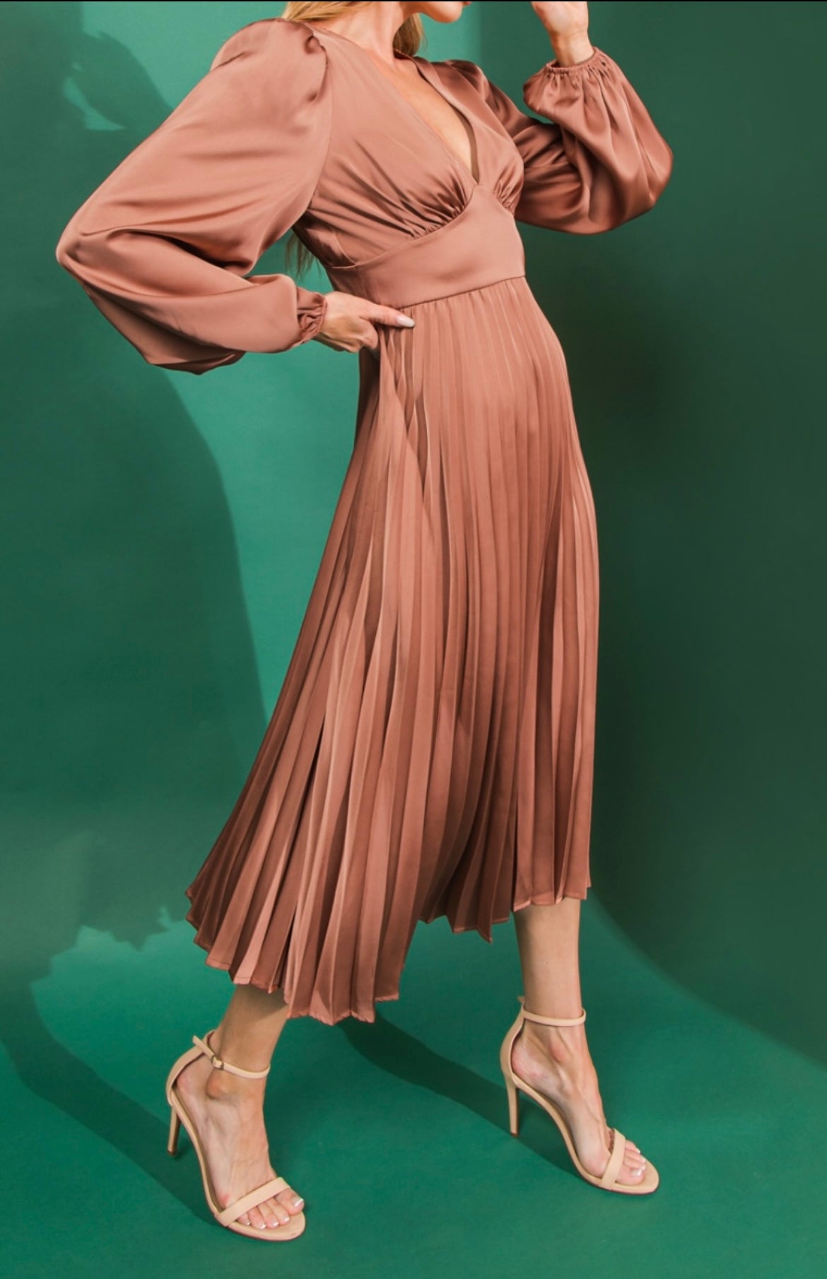 Camel Pleated Midi Dress