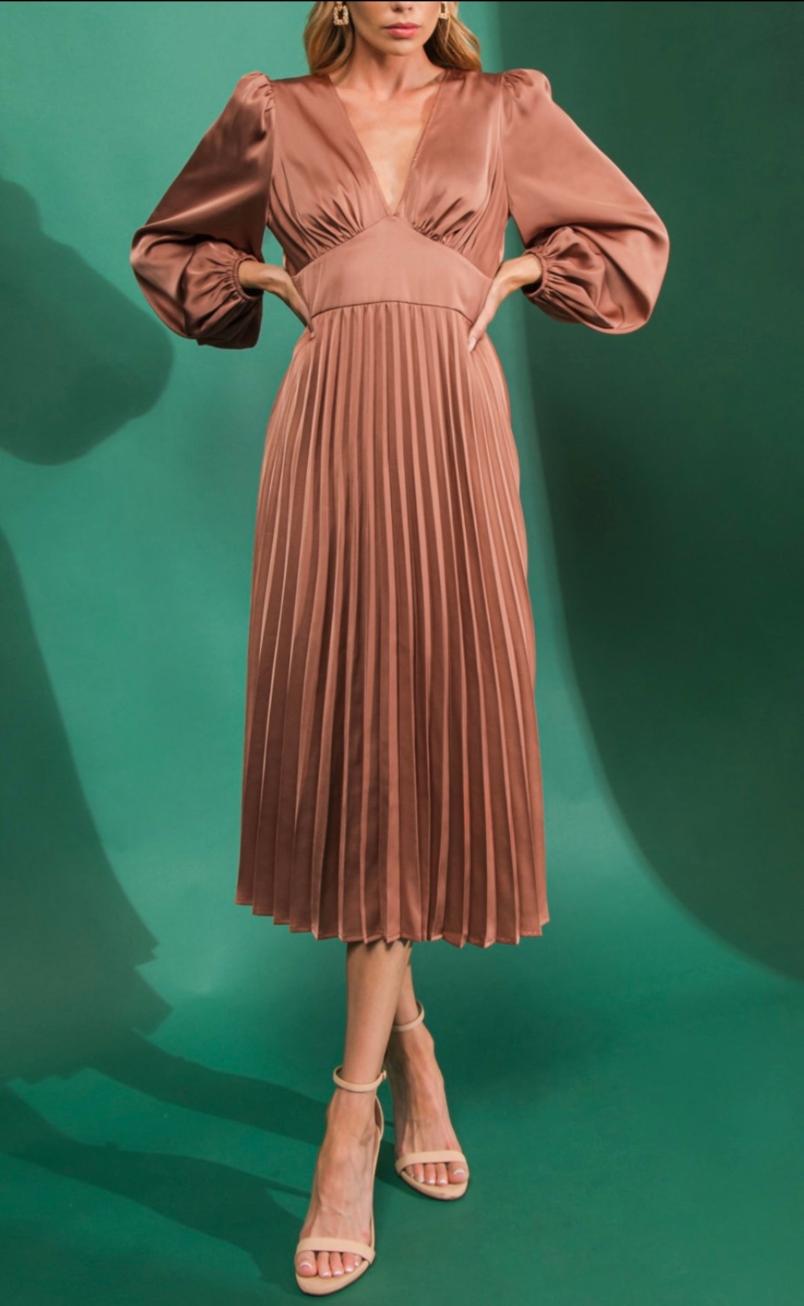 Camel Pleated Midi Dress