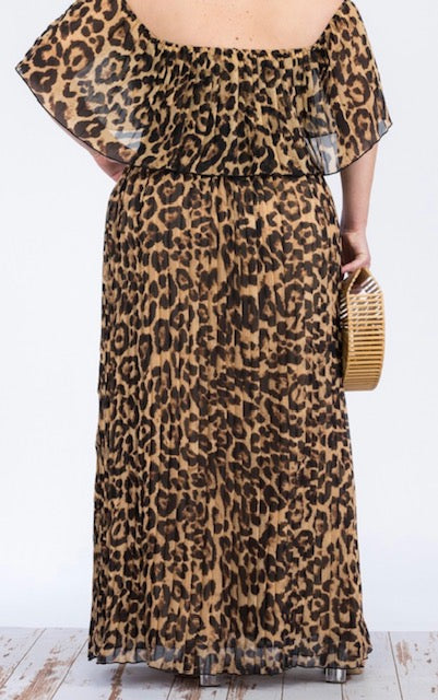 Pleated Leopard Print Maxi Dress