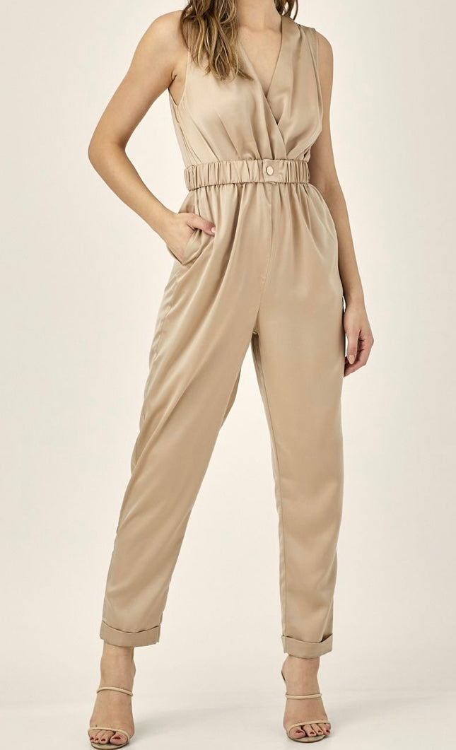 Ruched Belt Sleeveless Jumpsuit