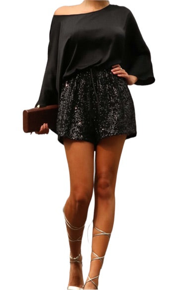 Black Sequin Round Neck Romper